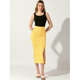 Allegra K Women's Pencil Skirt Basic Midi Casual Side Slit Rib Knit Bodycon Skirts, yellow