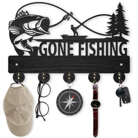 MAYJOYDIY Fish Coat Hooks Wall Mounted, 11.8×8inch Gone Fishing Key Holder, Wood Wall Coat Rack, 5 Alloy Hooks Hat Rack Home Art Decor Wall Hooks for Hallway Entryway Kitchen Gift