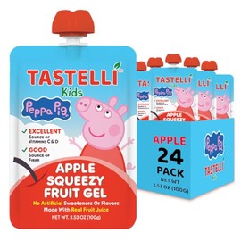 Tastelli Peppa Pig Kids Squeezy Fruit Gel – Apple Flavor – No Artificial Sweeteners or Flavors, Made with Real Fruit Juice, Fiber-Rich Prebiotic Gut Support, Vitamins C & D, Vegan, Gluten-Free - 24 Count