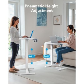 HUANUO 32Inch Bedside Table with Wheels, Height-Adjustable Rolling Computer Cart, Overbed Table with Cup Holder, Pneumatic Laptop Standing Desk for Home Office, White