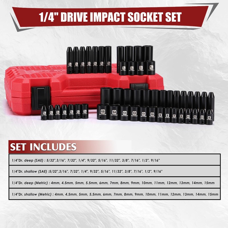 MIXPOWER 50 Pieces 1/4" Dr. Impact Socket Set, CR-V, 6