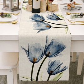 Avoik Table Runner Blue Tulips Flowers Table Runner Spring Summer Modern Living Room Abstract Tablecloth Linen Non-Slip Table Runner Kitchen Decoration for Dining Room Party Indoor Holiday 33 x 180 cm