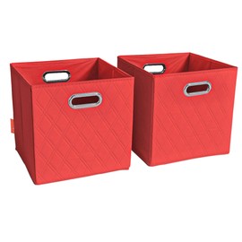 JIAessentials 11 inch Foldable Diamond Patterned Faux Leather Storage Cube Bins Set of Two with Handles for living room, bedroom and office storage (Red)