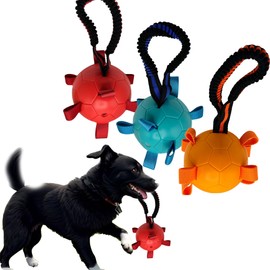 Pet Guru® Doggy Play Balls Squeaky Dog Football Nylon Starp Interactive Play Exercise Training Balls For All Medium to Large Breeds (BLUE, 10CM)