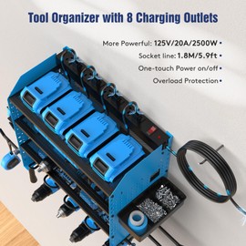Heavy Duty Power Tool Organizer Wall Mount with Charging Station, 4 Layer Garage Storage Adjustable Shelves Height, Holds 4 Drills, 2 Hooks, Screw & Screwdriver box, Gifts for Fathers Day, Anniversary