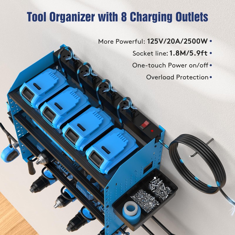 Heavy Duty Power Tool Organizer Wall Mount with Charging Station,
