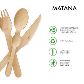 MATANA 200 Premium Einweg Holzbesteck - 50 Holzlöffel, 50 Holzgabeln, 50 Holzmesser, 50 Holzteelöffel - Umweltfreundlich, Kompostierbar & Biologisch Abbaubar