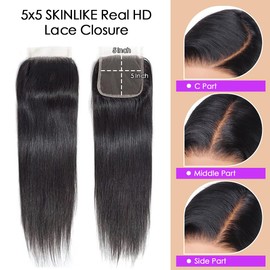 5x5 SKINLIKE HD Lace Closure Human Hair Straight 0.10mm Bleached Knots Invisible Lace Closure Pre Plucked Natural Hairline, 12 Inch Natural Black