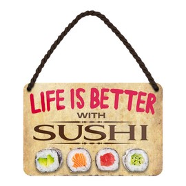 Life is Better with Sushi Retro Decorative Hanging Sign with Cord and Suction Cup Decoration Kitchen Sushi Japan Restaurant 18 x 12 cm