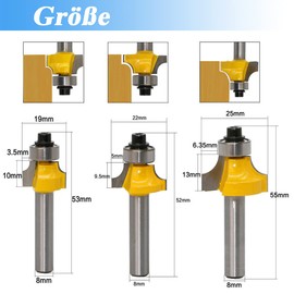 Mesee Pack of 3 Round Over Milling Cutter Bits, 8 mm Shank Router Bits, Rounding Cutter Standard Milling Cutter Set, Edge Router Bit with Ball Bearing for Woodworking Tool Tungsten Carbide Cutter