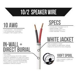 Voltive 10/2 Speaker Wire - 10 AWG/Gauge 2 Conductor - UL Listed in Wall (CL2/CL3) and Outdoor/In Ground (Direct Burial) Rated - Oxygen-Free Copper (OFC) - 100 Foot Spool - White