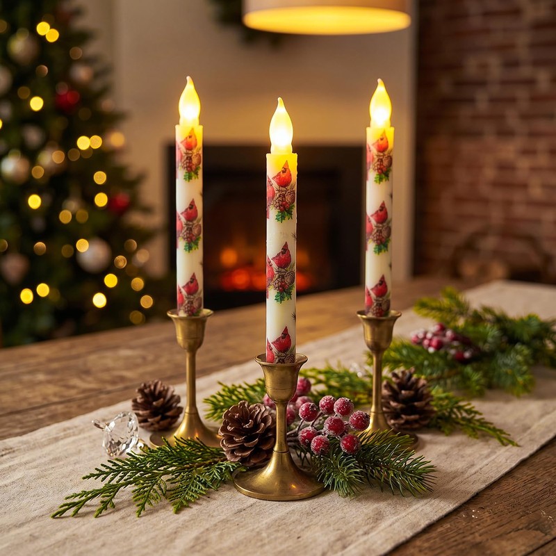Aulaygo 2PCS Woodland Winter Cardial Flameless Taper Candles