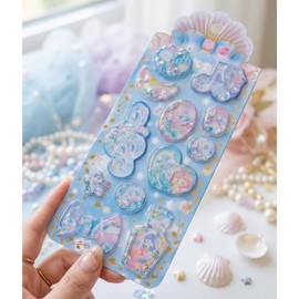 Shakashaka Mermaid Water Stickers, Set of 4, Mermaid, Moves When Tilted, Snow Globe Capsule, Cute Reward Sticker, Notebook Decoration, Girls