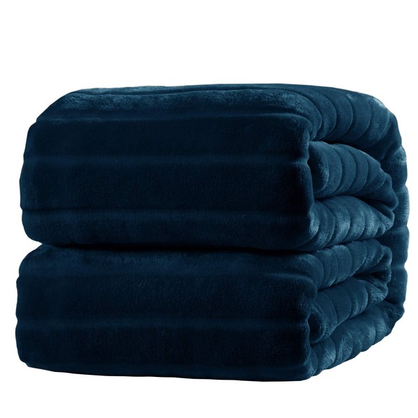 Bertte 330 GSM Soft Plush Fuzzy Warm Fluffy Lightweight Decorative Stripe Fleece All Seasons Cozy Sofa Bed Blanket, 50"x60", Navy