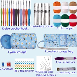 WAZAIGUR Crochet Kits for Adults, Crochet Kit for Beginners, Detachable Portable Travel Crochet Kits with Yarn Includes 13 Size Ergonomic Crochet Hooks 2-10mm & 12 Size Lace Steel Needles 0.6-1.9 mm