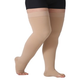TOFLY® Medias de compresión hasta el muslo para mujeres y hombres (par), puntera abierta, opacas, soporte firme, compresión graduada de 15-20 mmHg con banda de silicona, venas varicosas, hinchazón, edema, DVT beige, 3XL