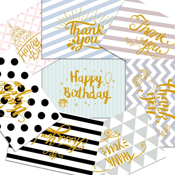Assorted 48 Pack Greeting Cards Gold Foil - Thank You Cards of 6 Designs Happy Birthday Cards of 2 Designs - Folded Cards Style Blank Inside Note Cards with Envelopes & Stickers Included