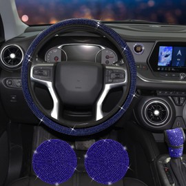 JINGSEN 11 Pcs Bling Car Accessories Set,Bling Car Accessories Set for Women, Bling Steering Wheel Cover for Women Universal Fit 15 Inch, Rhinestone Center Console Cover (Blue)