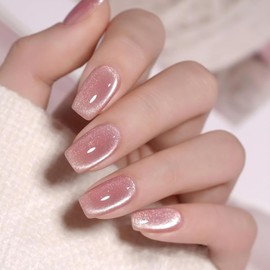 TOGZOM Pink Press On Nails Short Square Fake Nails Cat Eye False Nails with Designs Glossy Glitter Glue on Nails Nude Gel Polished Reusable Artificial Stick on Nails for Women 24Pcs