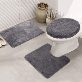 MIFXIN Bathroom Rug Set 3 Piece Shaggy Soft Non-Slip Bath Mats Solid Color Rectangular Floor Mat, U-Shaped Area Rug, Toilet Lid Cover (Grey)