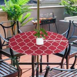 GzLeyigou Round Tablecloth with Umbrella Hole and Zipper Moroccan Pattern Outdoor Elastic Fitted Table Cloth 36"-44" Oil-Proof Waterproof Burgundy Red Patio Table Cover for Picnic Party