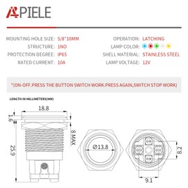 APIELE 16mm Push Button Switch Latching 12V On Off with LED Waterproof Stainless Steel Shell Screw Terminals Connectors Type for 0.63" Mounting Hole (Silver Shell-Red)
