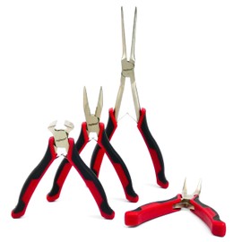 INGDAUM® Set of 4 Mini Pliers 4"/100mm Long Nose Pliers Straight and Bent Long Nose Pliers and End Cutters/Nickel Plated Carbon Steel for Inserting, Bending and Cutting Wires