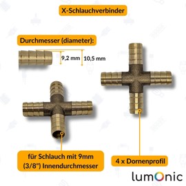20x Lumonic I X-Schlauchverbinder I für 9mm (3/8") Schlauch I aus Messing I Kreuz-Verbinder I X-Stück I mit Dornenprofil I Druckluft & Wasser I für Werkst
