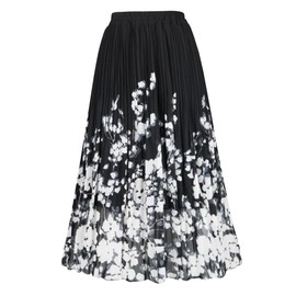 OBBUE Women's Chiffon Pleated Skirts Elastic High Waist A-line Midi Skirts for Casual Party Holiday Black White Flower M