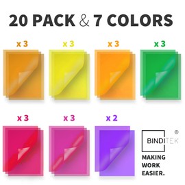 Binditek 20 Pack 10 Mil PVC Binding Presentation Covers, Letter Size, Square Corners, Un-Punched, Multi Color, Office Supplies