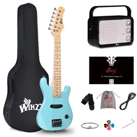 WINZZ 30 Inch Kids Electric Guitar Kit, Beginner Mini Electric Guitar with Amp, Case, Extra Strings, Picks, Strap, Cable and Wrench, Light Green