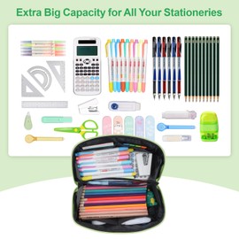 BrainyBees Large Pencil Case for Boys, Durable Pencil Pouch for School, Wide Opening Soft Bag with Handle, Fits 50 Pens & Markers (Black Dinosaur)