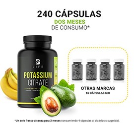 B Life Company Citrato de Potasio 800 mg de Potasio (Provenientes de 1000 mg). Ingredientes Naturales de 240 Cápsulas. Potassium Citrate