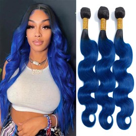 1B/Blue Body Wave Bundles Human Hair Blue Body Wave Bundles Two Tone Black Roots to Blue Bundles Weave Double Weft Brazilian Human Hair Wet and Wavy Bundles Silky Soft for Black Women 26 28 30 inch