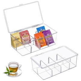 Caja para Té con 8 Compartimentos, LETTURE Organizador Caja para Bolsas de Té con Tapa Abatible para Proteger el Contenido, Caja de Plástico para Té, Café, Especias, para Despensa, Nevera, Cocina