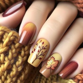 24Pcs Fall Press On Nails Medium Square Autumn Fake Nails,Brown Gradient False Nails Maple Leaf Press-on Nail Tips Thanksgiving Acrylic Nails Full Cover Artificial Nail for Women Holiday Manicure