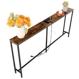 FurnitureR Narrow Console Table 70.8 Inch with Charging Station, Slim Sofa Table with USB Ports and Outlet for Hallway Living Room Bedroom Office, Brown Wooden Top Black Metal Frame