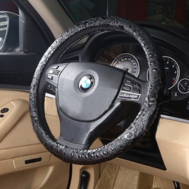 Follicomfy Comfort Leather Auto Car Steering Wheel Cover,Grip Anti Slip 15 Inch,Black Crocodile with Rose Grain