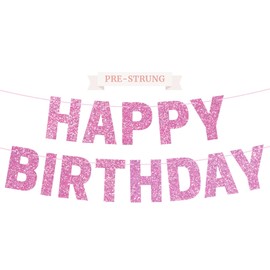 Pre-strung Happy Birthday Banner - No DIY - Pink Glitter Happy Birthday Party Banner for Girls & Women - Pre-strung on 8 ft Strands - Light Pink Bday Party Decorations & Decor. Did We Mention No DIY