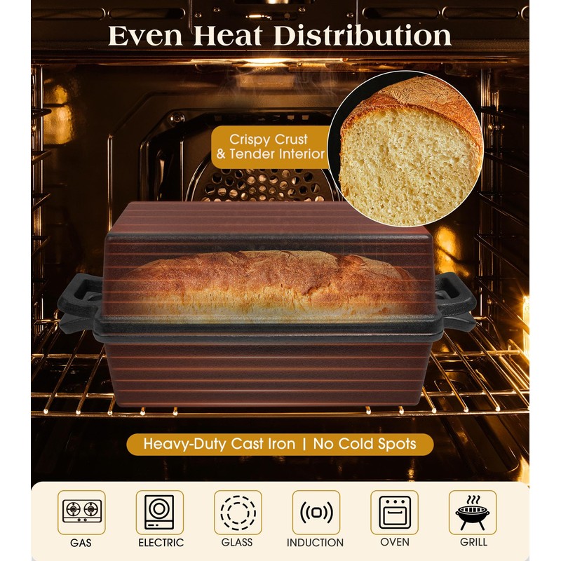 Bachdomc Cast Iron Loaf Pan With Lid, 9×5 in – 2‑in‑1 Heavy‑Duty