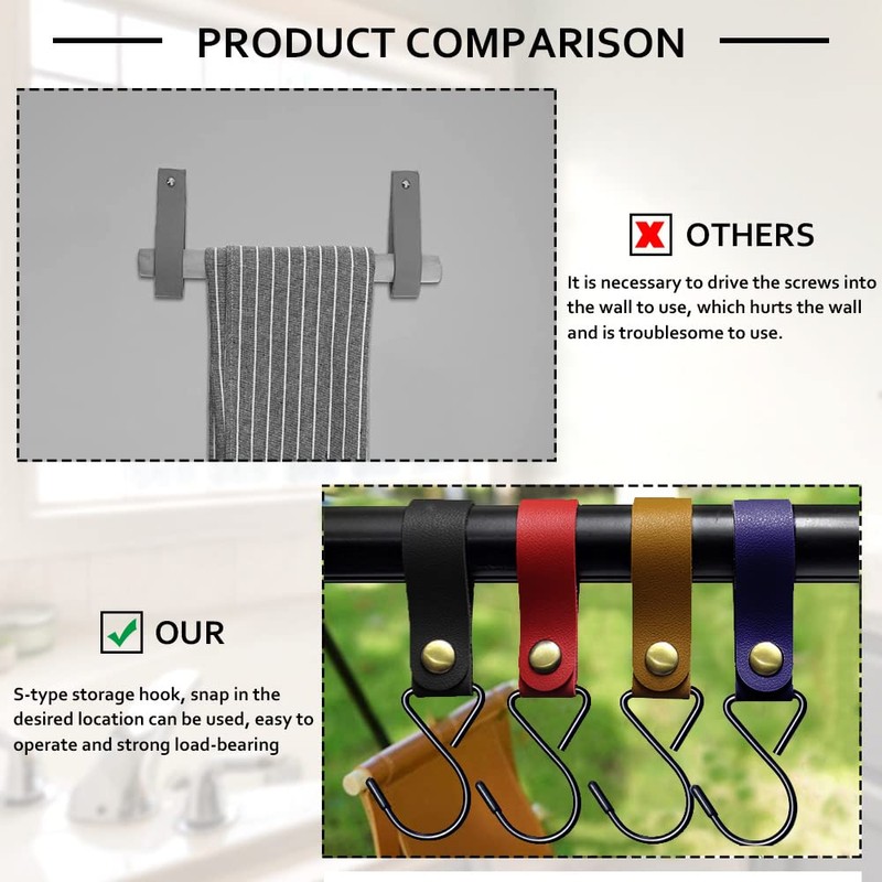 Modixun 8pcs Leather S-Hooks, Metal S Shaped Hooks for Hanging,