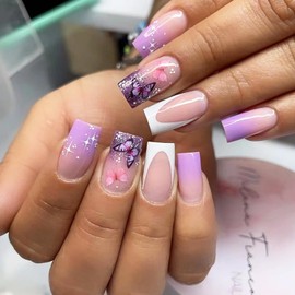 24 Pcs French Tip Press on Nails Short Square Purple Pink Butterfly Fake Nails with Glitter Designs Spring Summer Butterflies False Nails Full Cover Stick on Nails Gradient Acrylic Nails for Women