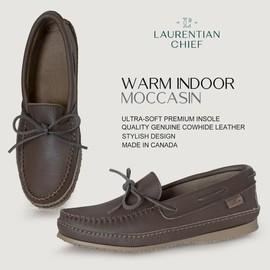 Laurentian Chief Moccasin Slippers for Men with Single Lacing, 8 Hole Collar and Padded Indian Rubber Sole, Canada Quality, Comfortable Stylish Indoor and Outdoor Moccasins for Men – Fudge