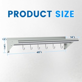 Treshin Stainless Steel Shelf with 6 Hooks 14 x 48 Inches, Commercial Wall Mount Floating Shelving Storage Pot Rack for Restaurant, Kitchen, Home, Bar and Hotel