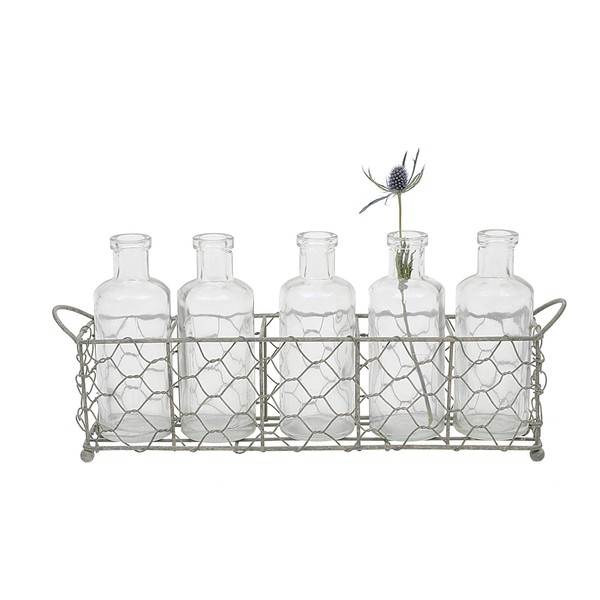 Creative Co-Op Wire Holder with 5 Glass Vase Bottles