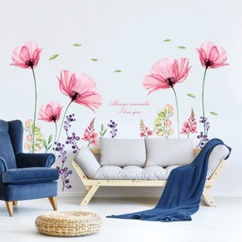 BASHOM BS-106 Large X-ray Pink Flowers Wall Sticker Watercolour Wall Sticker for Bedroom Living Room Wall Decoration Children's Room Sofa Window Decoration Background