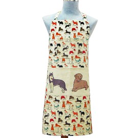 RED LMLDETA Adjustable Neck Strap Bib Apron 3 Pockets Extra Long Ties 100% Cotton Dog Printing Kitchen Men Women Chef Waiters Cooking Baking Barbecue BBQ Crafting Garden Christmas Gift (Dog flower)