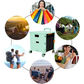 Foldable Utility Cart Portable Rolling Crate Handcart Shopping Trolley Collapsible 4 Rotate Wheels with Durable Heavy Duty Plastic Telescoping Handle for Travel Shopping Moving Storage Office Use