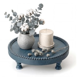 Beaded Wood Riser: Round Display Stand for Rustic Room Decor, Blue