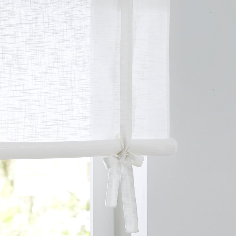 Vicky White Roman Blind, Linen Look with Hemstitch Lace, Drawstring,
